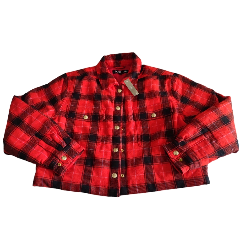 NWT J. Crew XL Buffalo Check Plaid Crest Snap Button Cropped Puffer Jacket BV699